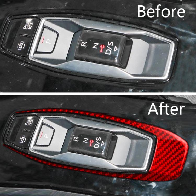 Red carbon-fiber gear shift panel trim surround on center console controls