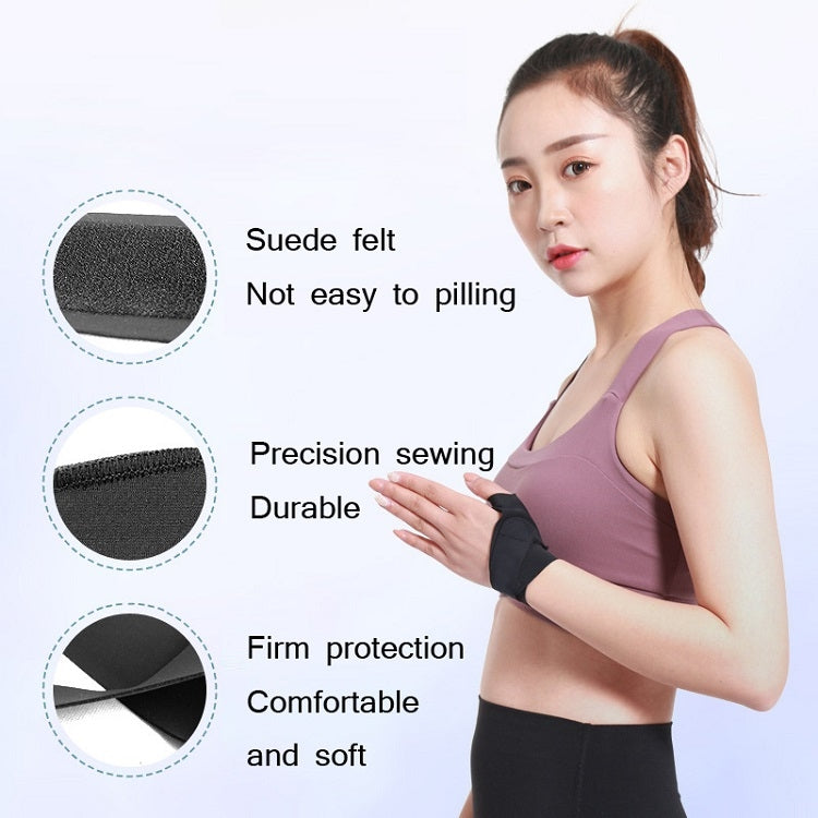 Black thin wrist brace with thumb cover, worn on the arm for support.