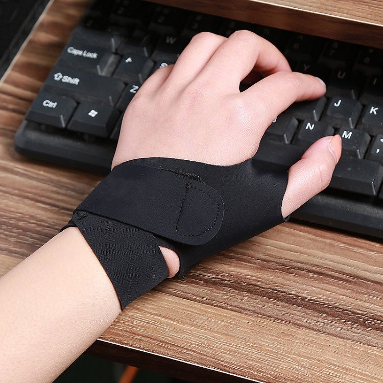 Black wrist brace with thumb cover, felt pad and hook-and-loop closure detail.