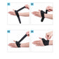 Thin black wrist support band with thumb opening, worn on forearm and hand