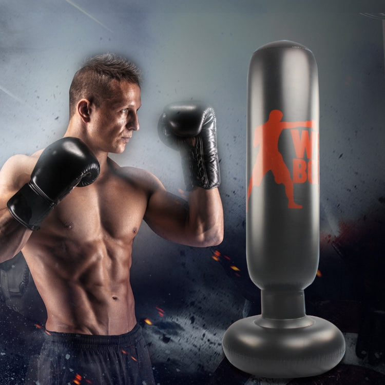 Inflatable boxing punching bag column, black with red logo print and round base stand.