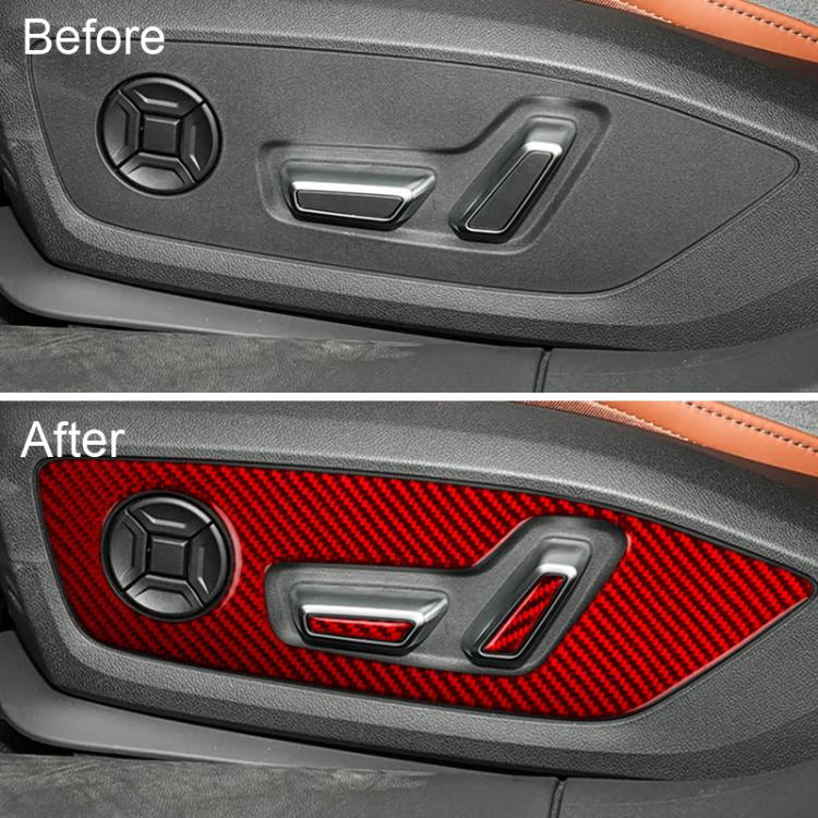 Car door panel adjustment trim after installation: red carbon-fiber sticker over insert