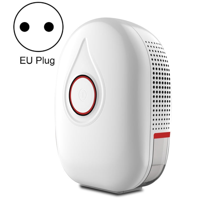 Mini semiconductor dehumidifier with EU plug, red power button, white body.