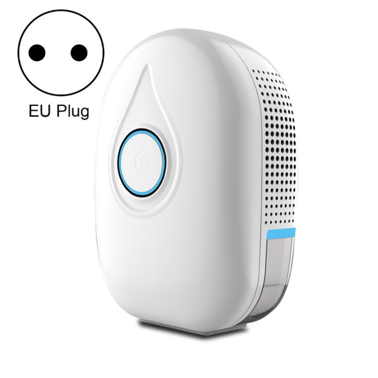Mini semiconductor dehumidifier with EU plug, blue power button, white body.