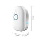 Mini semiconductor dehumidifier, blue power button, with product size dimensions shown.