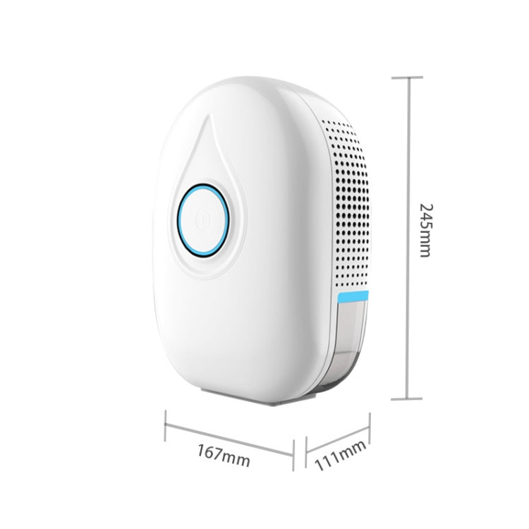 Mini semiconductor dehumidifier, blue power button, with product size dimensions shown.