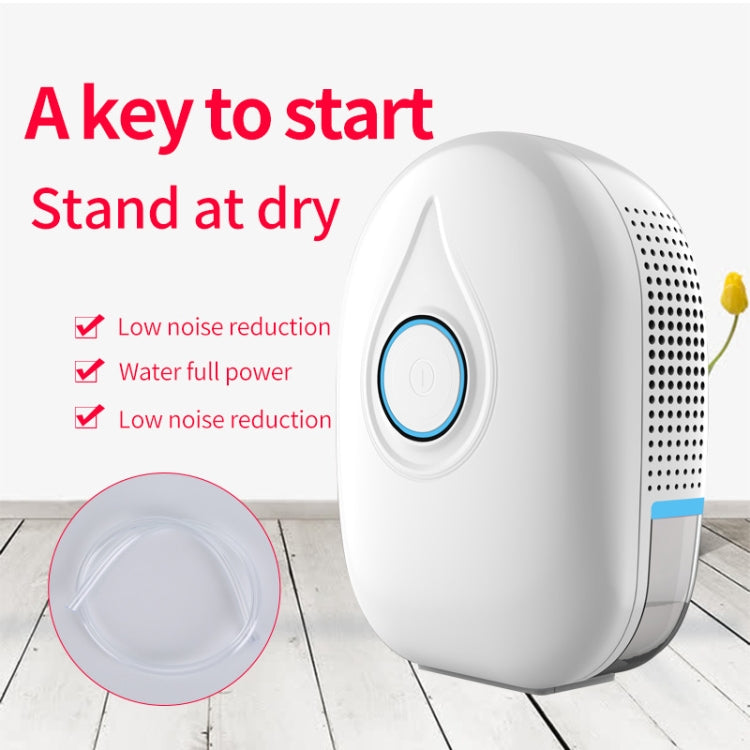 Mini dehumidifier with blue power button and removable water tank, start indicator callouts.