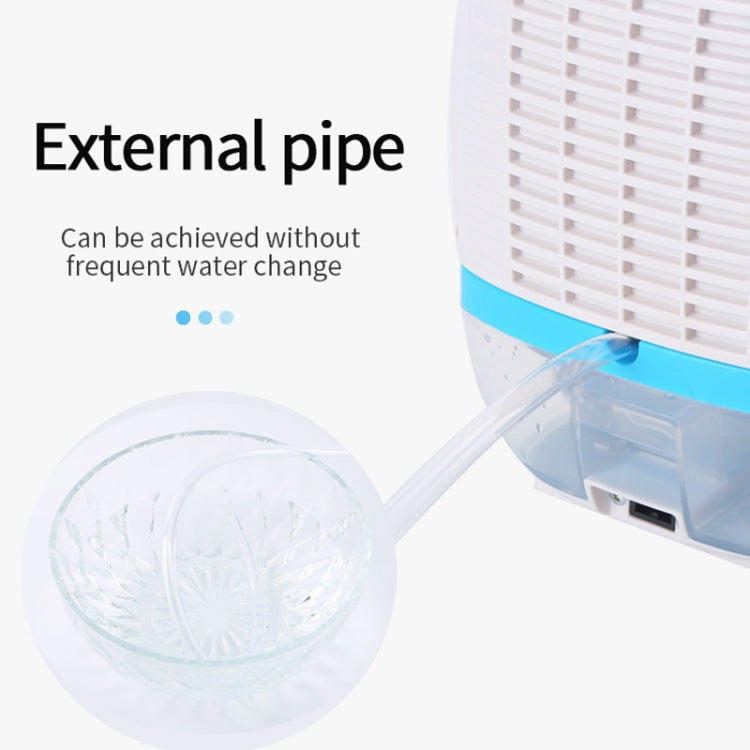 Mini dehumidifier with external intake tube and blue water-channel reservoir