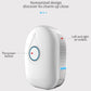 Compact white dehumidifier with power button, blue accent band, and side air outlets