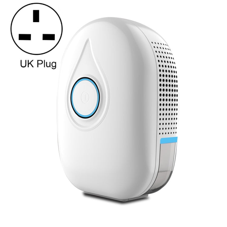 Mini semiconductor dehumidifier with UK plug, blue power button, white body.