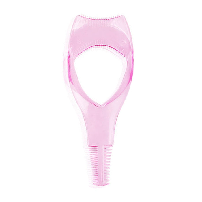 Pink eyelash applicator comb with curved loop and double rows of fine teeth