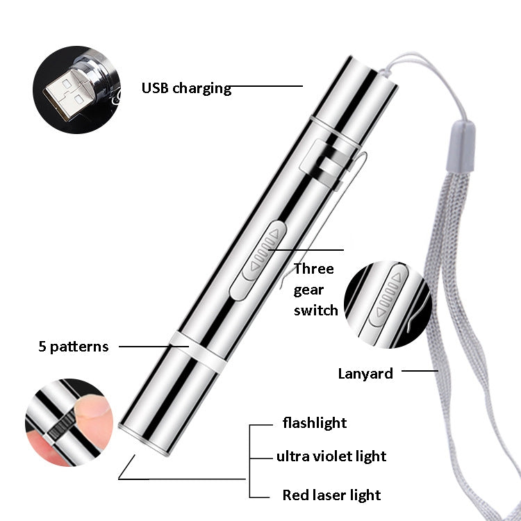 Silver USB laser flashlight with lanyard; three gear switch and 5 light patterns