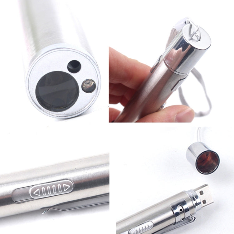 Silver laser flashlight with circular lens and charging plug