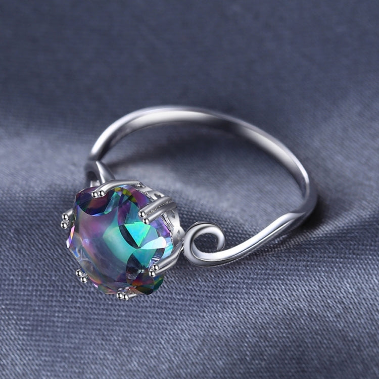 Sterling silver ring with multicolor faceted round-rectangular gemstone and circular band loop detail