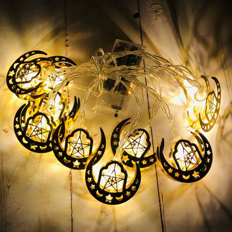 Eid LED string lights featuring crescent and lantern cutouts with warm white illumination.