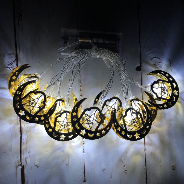 Eid LED string lights with crescent and lantern cutouts; bright warm white bulbs.