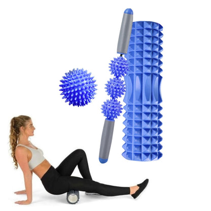 3-in-1 blue hollow foam roller set with spiky massage balls and carry grip