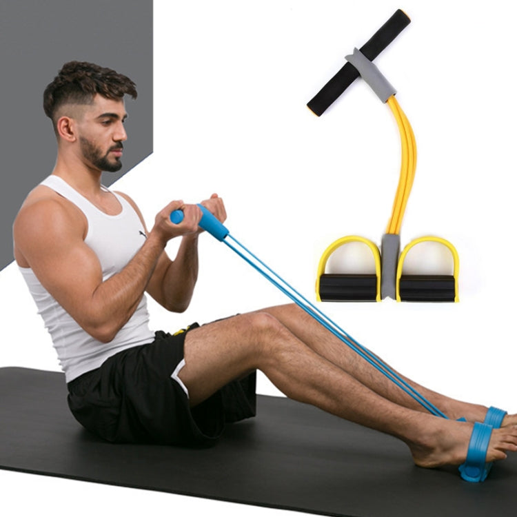 Yellow four-tube pedal puller with blue elastic rope handles for ab workouts