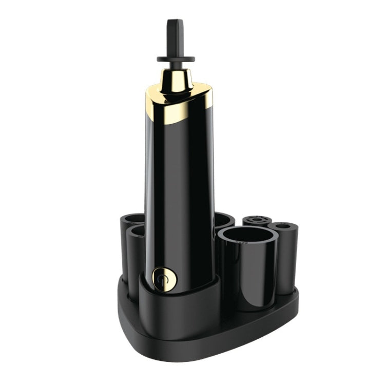 Black electric makeup brush scrubber with gold cap and upright cleaning head on base