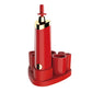 Red electric makeup brush scrubber with gold cap and upright cleaning head on base