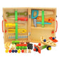 Wooden cartoon toolbox playset with tools inside, plus small wooden toy beside