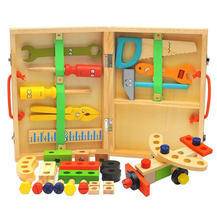 Wooden cartoon toolbox playset with tools inside, plus small wooden toy beside