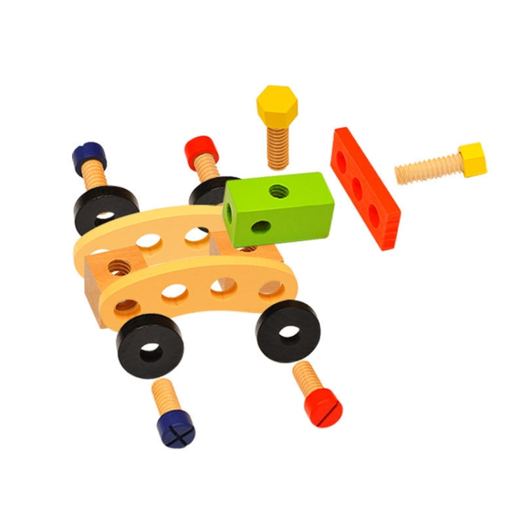 Colorful wooden toy cart with bolts, screws, and hammer pieces