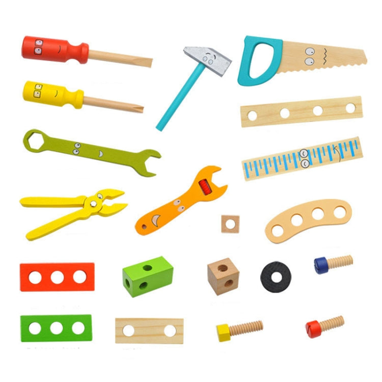 Colorful wooden tool set pieces: saw, wrench, hammer, screwdriver, screws