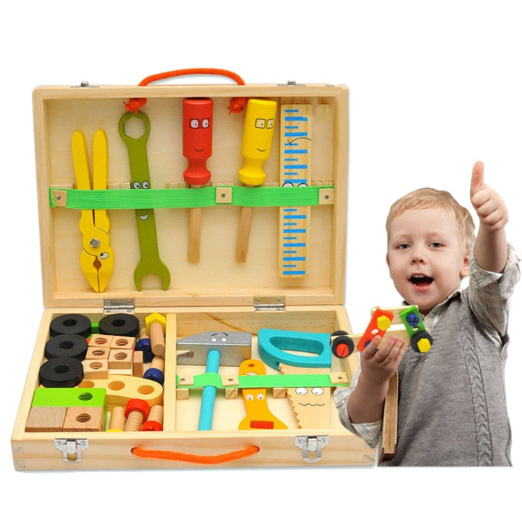 Wooden cartoon toolbox playset with tools, child holding small wooden piece