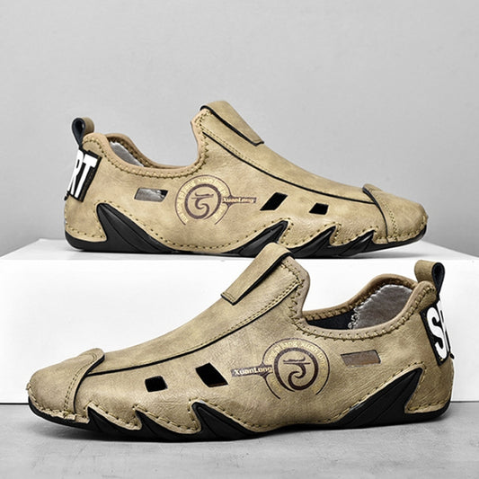 Khaki leather slip-on sneakers with side logo and hook-and-loop strap