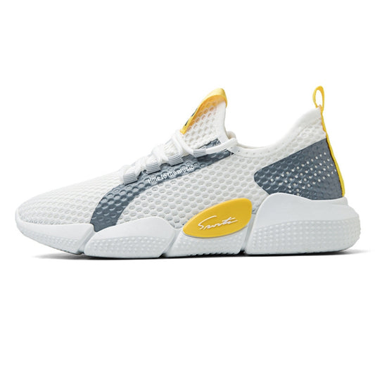 White and dark gray breathable knit running shoe with yellow accents and cushioned sole