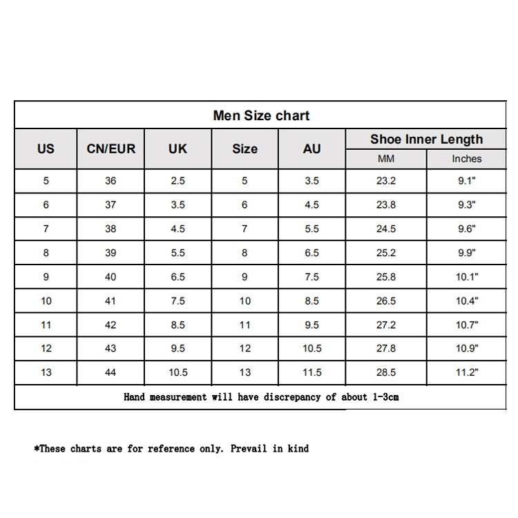 Men’s shoe size chart with US, EU/UK, and inner length measurements table