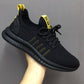 Men's black breathable mesh running shoes with yellow thread accents and lace-up