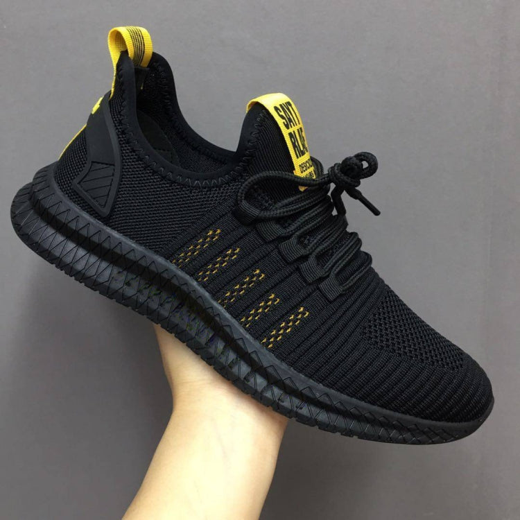 Men's black breathable mesh running shoes with yellow thread accents and lace-up