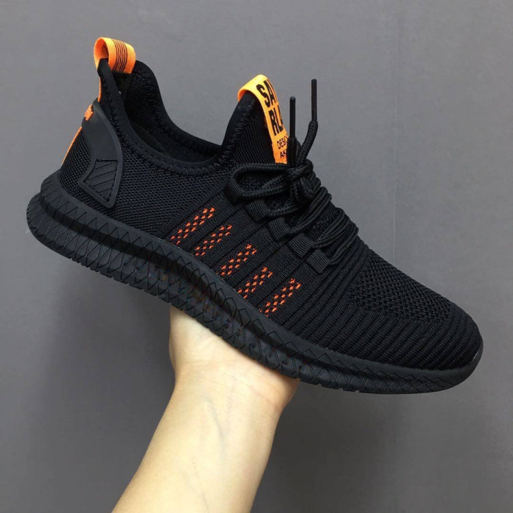 Men's black breathable mesh running shoes with orange stripe accents and lace-up