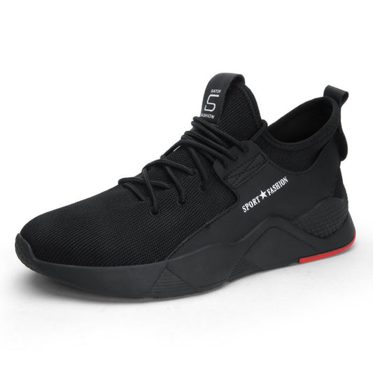 Black lace-up sports running shoes with cushioned sole and red accent detail