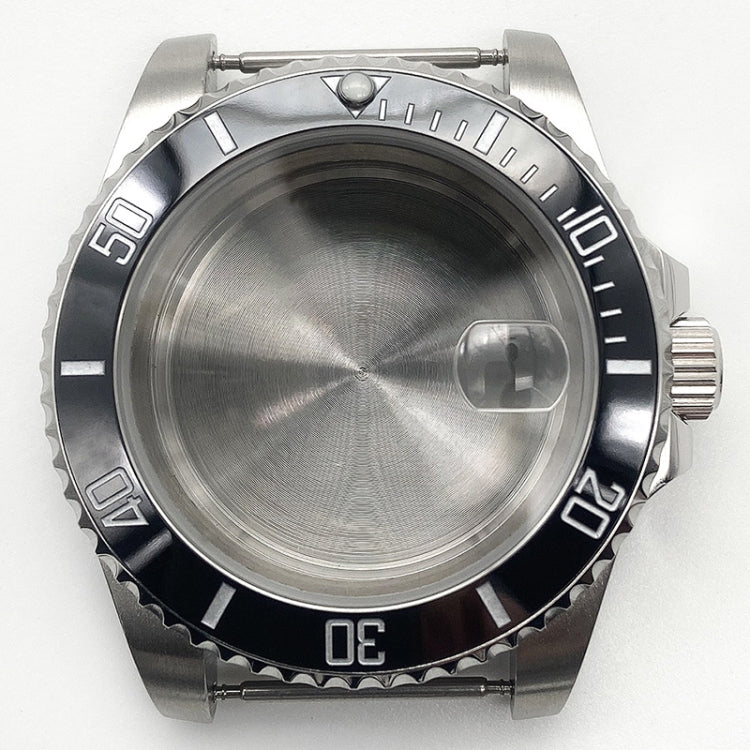 Stainless steel watch case with black rotating bezel and white minute markers