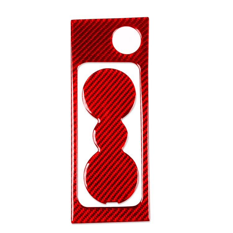 Red carbon-fiber cup holder trim sticker with round top and two-part cutout
