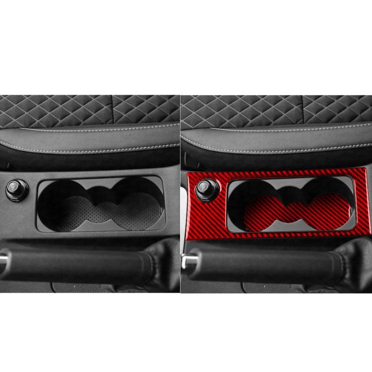 Cup holder console insert with black and red carbon-fiber trim and cutout mat
