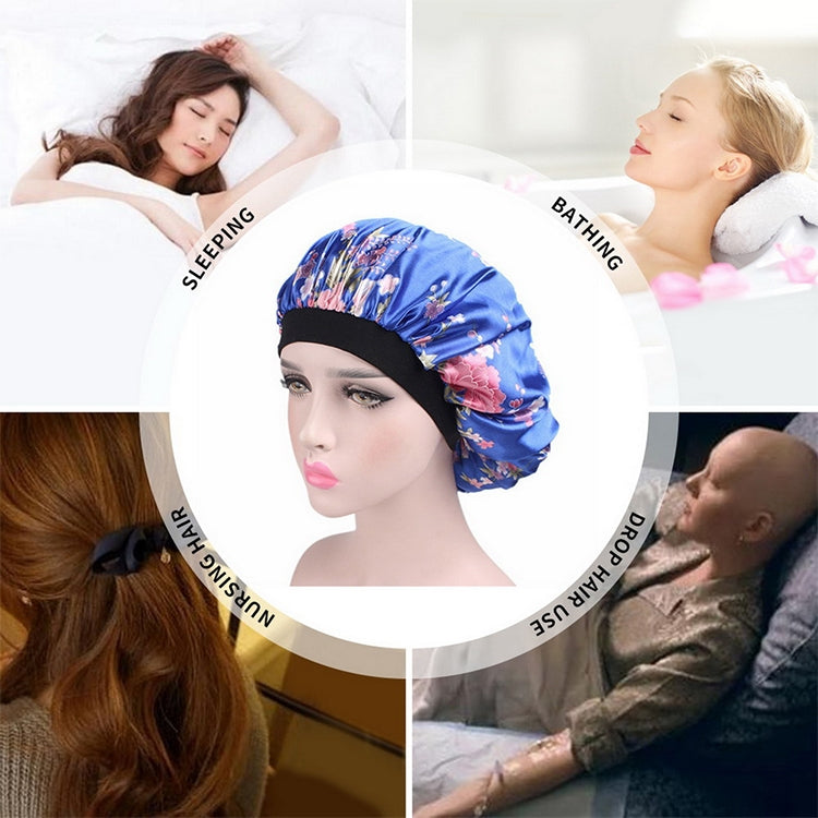 Women’s satin hair bonnet in blue floral print with black elastic band on mannequin