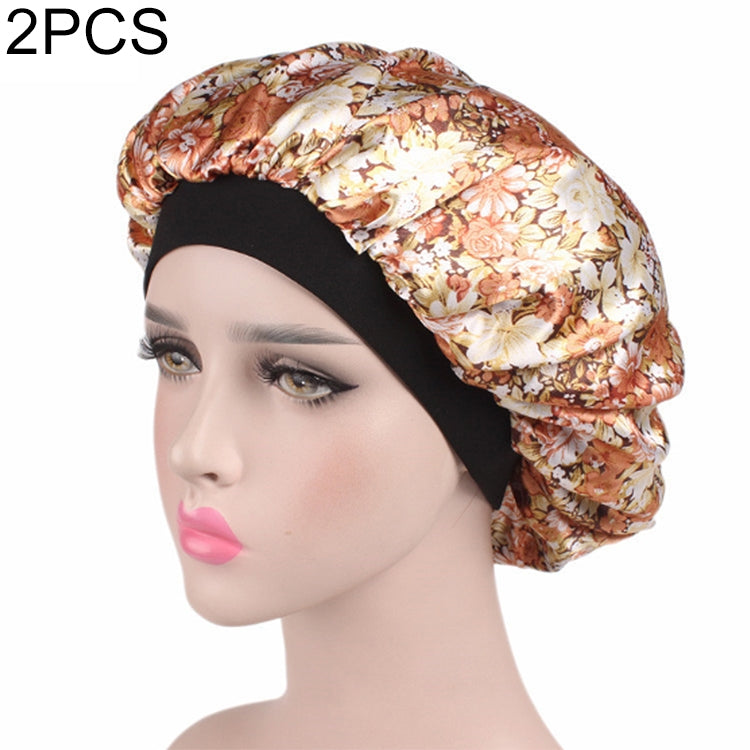 Women’s satin hair bonnet in beige and brown floral print with black elastic band