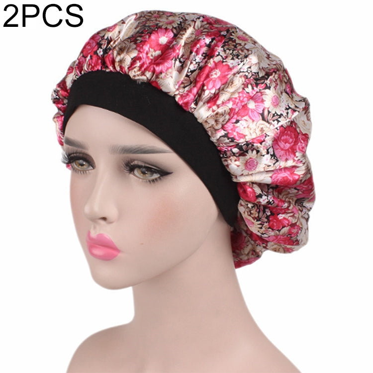 Women's satin sleep cap hair bonnet, floral print with wide elastic band