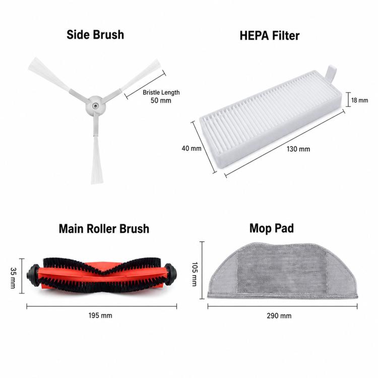 Diagram of replacement parts: side brushes, main roller brush, HEPA filter, and mop pad