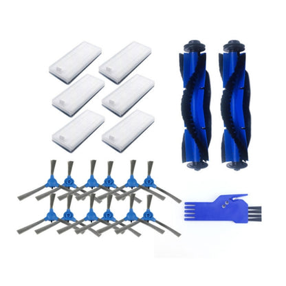 Robot vacuum accessory kit set with blue side brushes, main brush cover, and white filter pads