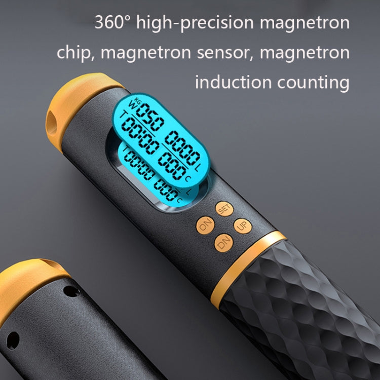 Smart skipping rope handle with blue digital counter display and textured grip, yellow trim