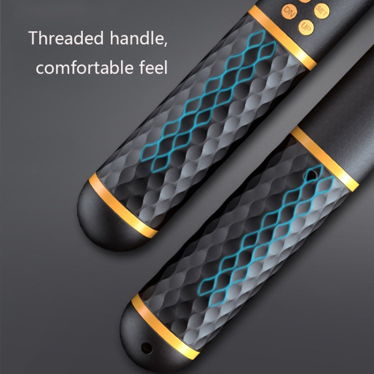 Smart skipping rope handles with threaded grip and blue pattern lines, gray texture, yellow trim