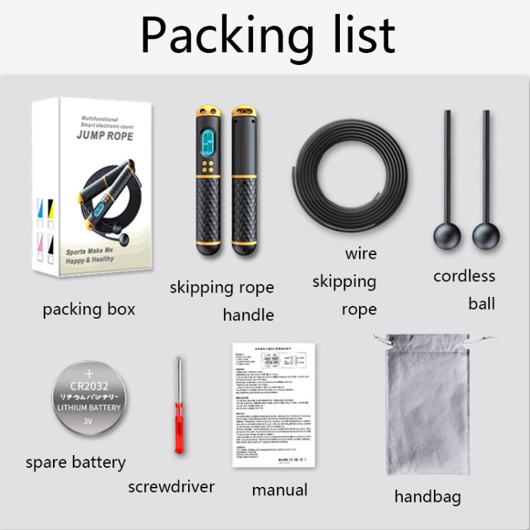 Smart skipping rope package contents: skipping rope, handle, wire, balls, battery, and bag