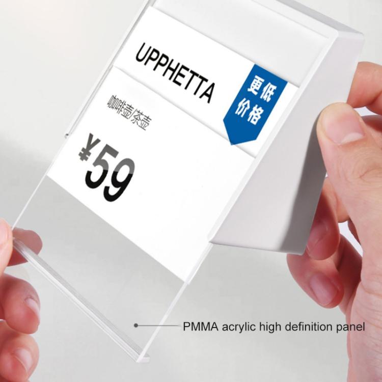 White PMMA acrylic card stand held by hands, front panel with price insert