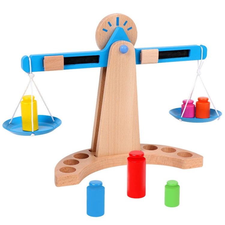 Wooden children’s balance scale toy with blue beam and colorful weight cylinders
