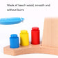 Beech wood balance base with smooth finish and red, blue, yellow, and green cylinders